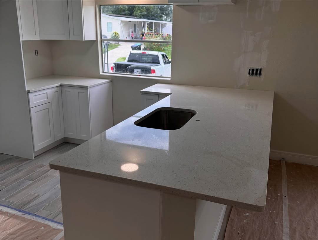 White granite kitchen island